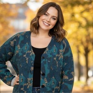 Teal and Tan Patterned Cardigan